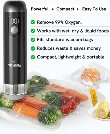 Wamoma vacuum sealer with built-in feature list and vacuum-sealed food